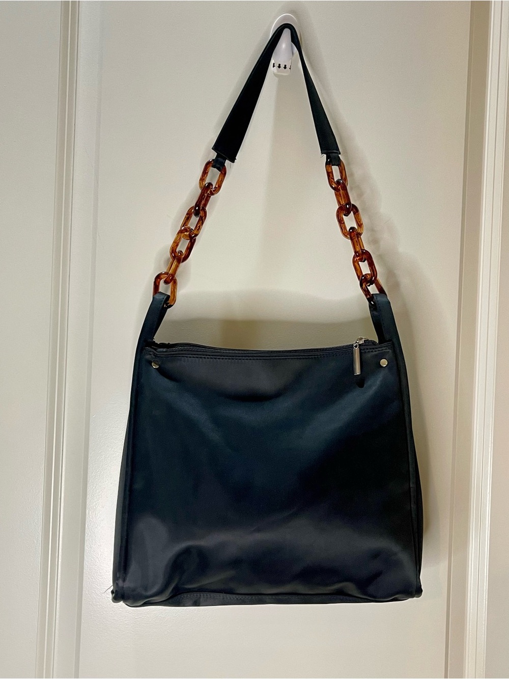 Black Satin Nylon Shoulder Bag with Faux Tortoiseshell-Link Strap 11x10